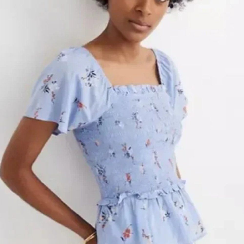 Madewell Top‎ Blue Aloha Floral Pattern Smocked Flutter Sleeve Crop XXS